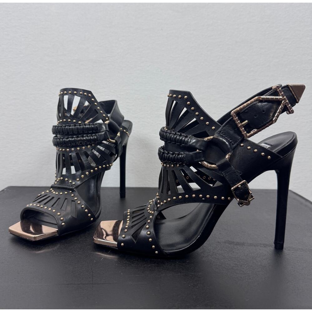 Ivy Kirzhner NY Strappy Studded Black Gold Heels Sandals Punk Glam Designer 7.5m